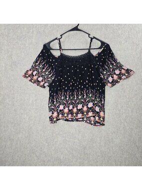 Justify Womens Off-Shoulder Floral Crochet Blouse Navy Multi-Color Size L Rayon